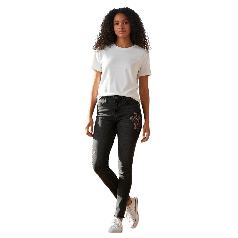 Funky Embroidered Black Skinny Jeans  Floral Art Denim Mid‎ Rise 27x30.5 Massimo